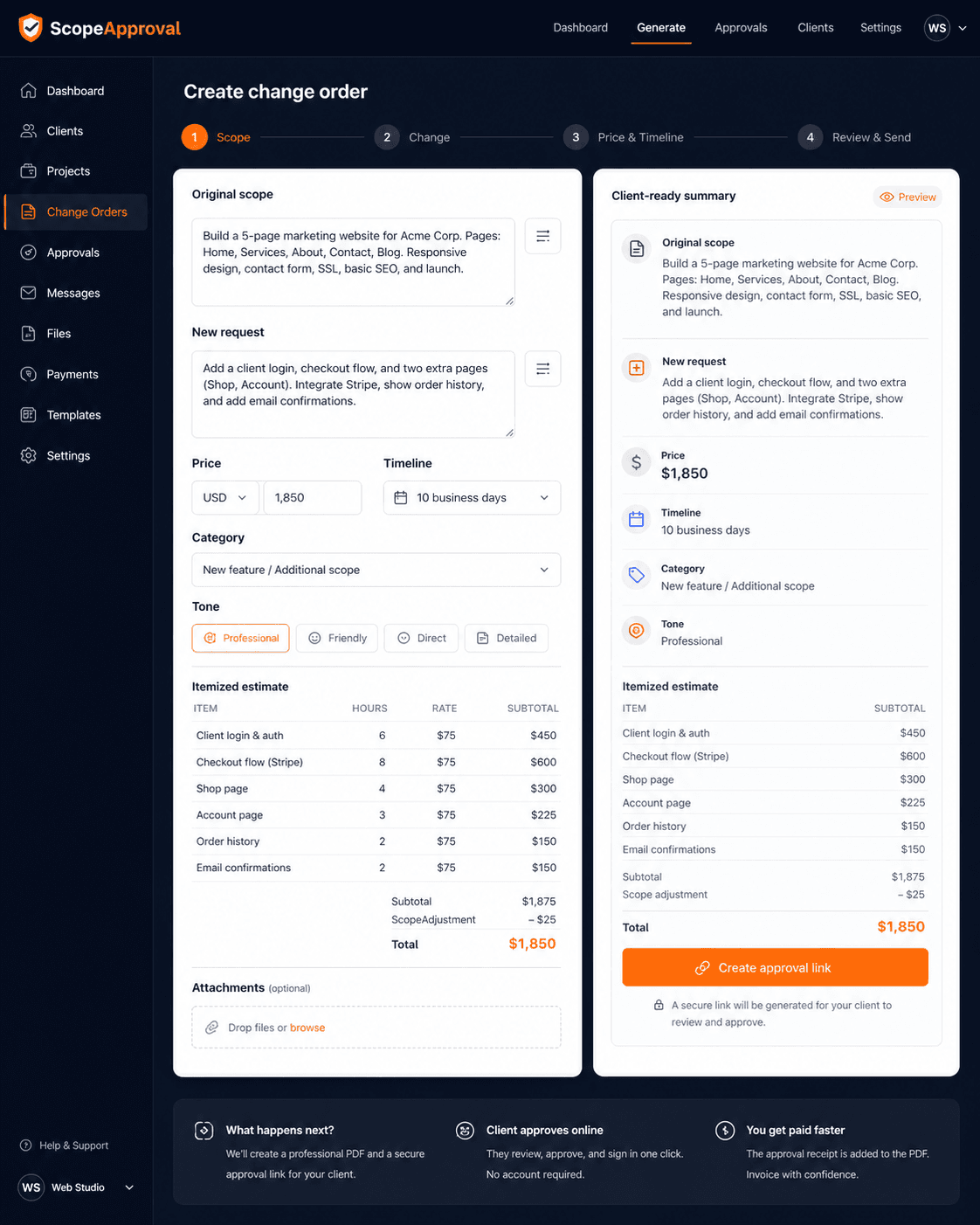 ScopeApproval change order generator product mockup