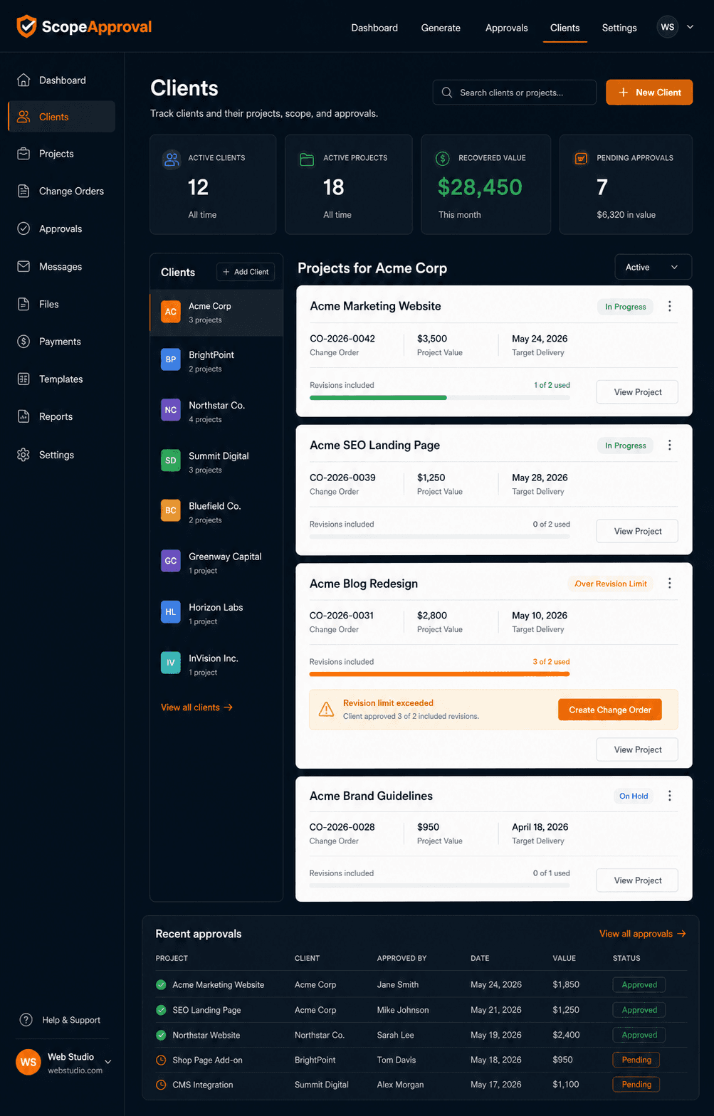 ScopeApproval client and project tracking product mockup