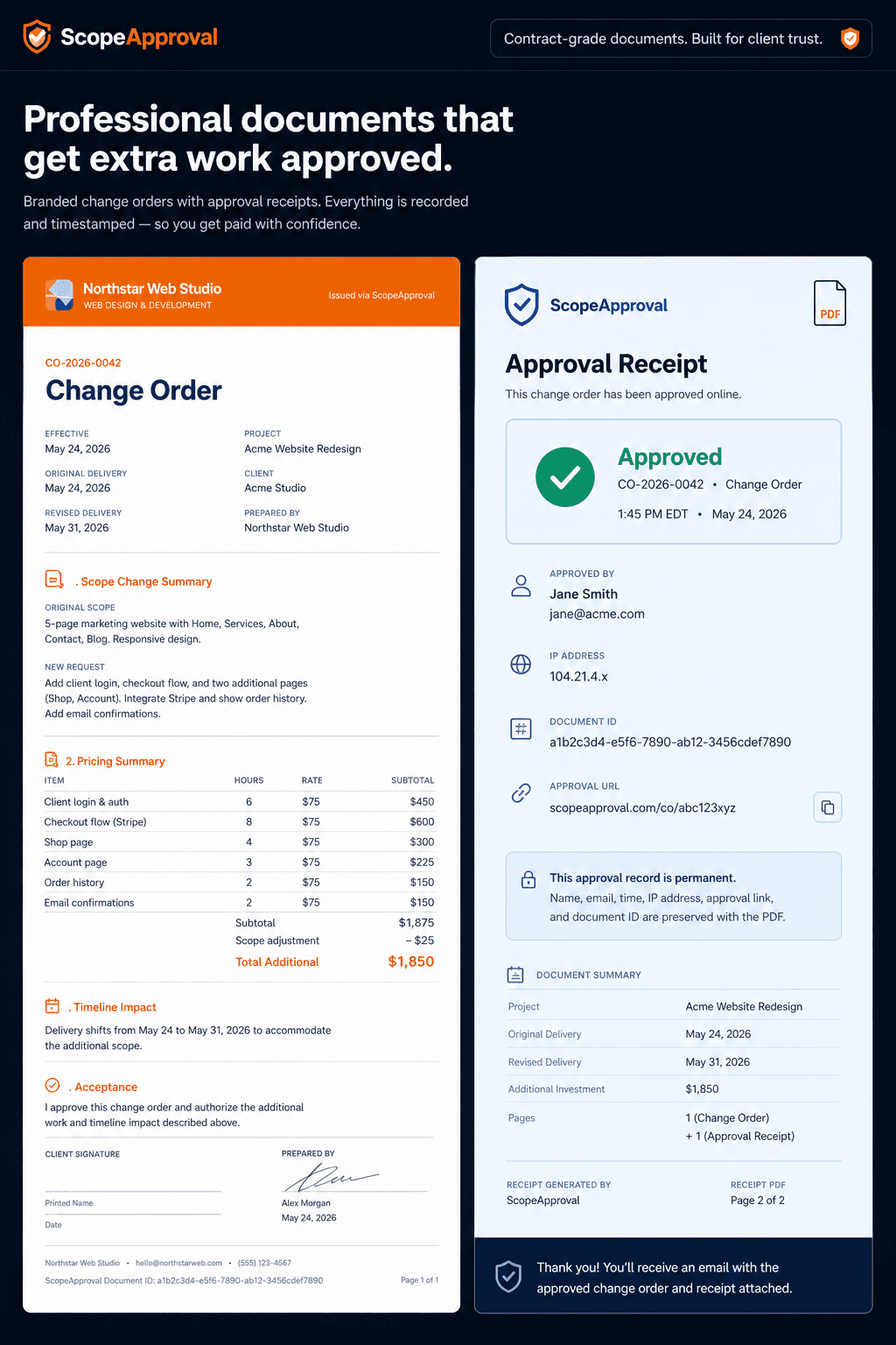 ScopeApproval branded change order and approval receipt PDF mockup
